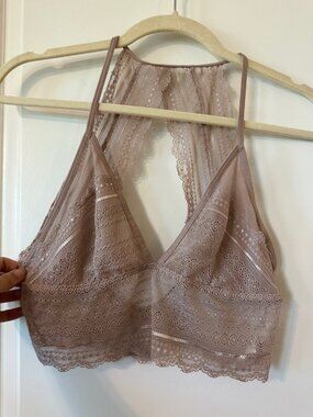 Lace Bralette Womens Large Taupe Racerback High Neck Unlined Bra Top